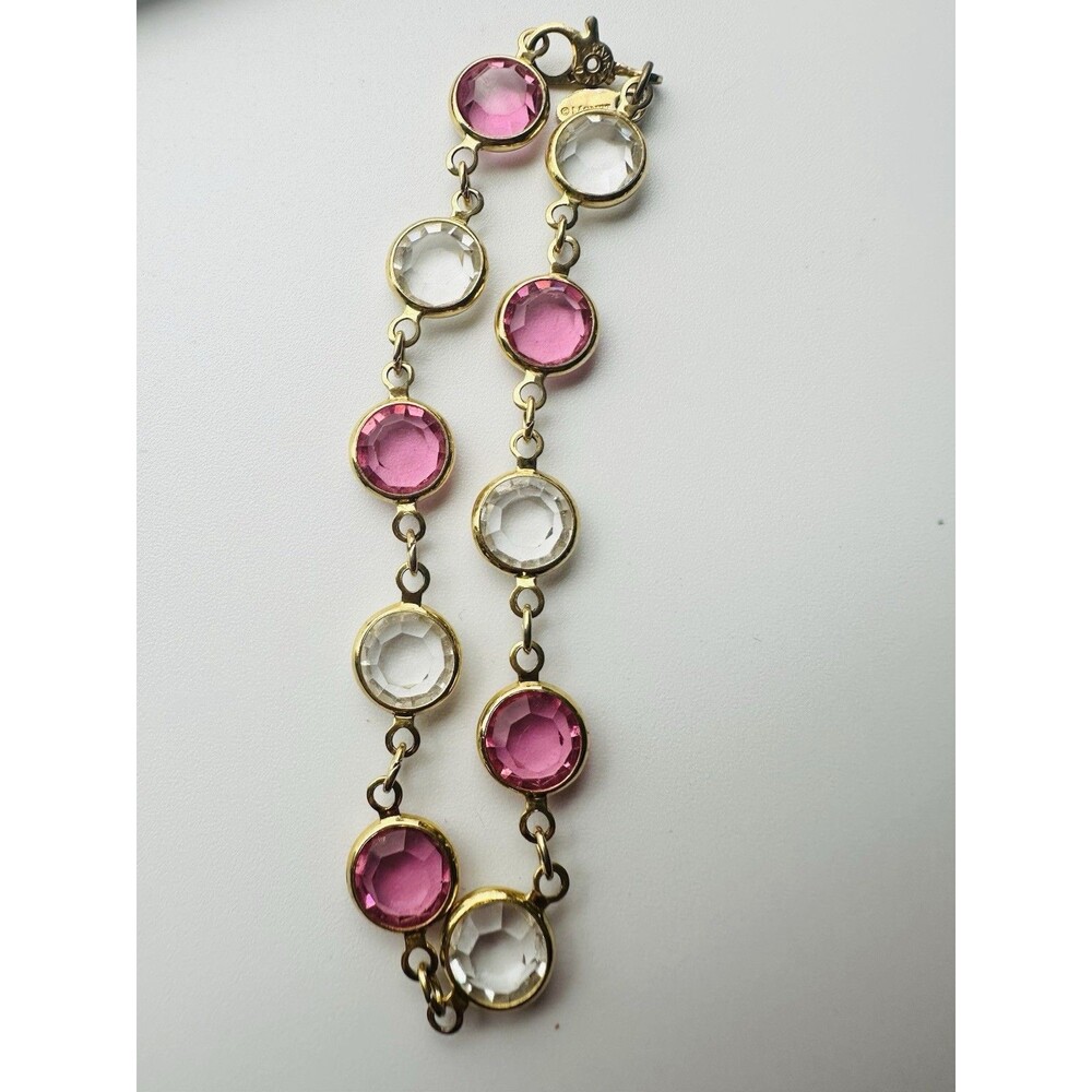Vintage Monet Goldtone Pastel Pink Crystal Bracelet 7” - Picture 6 of 7